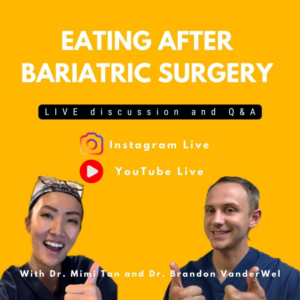 promo graphic of dr. tan and dr. vanderwel in front of text that says the seminar topic "Eating after bariatric surgery"