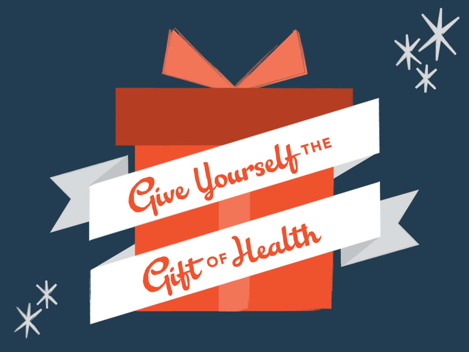 Graphic of a gift wrapped present with the text "gift of health" on it